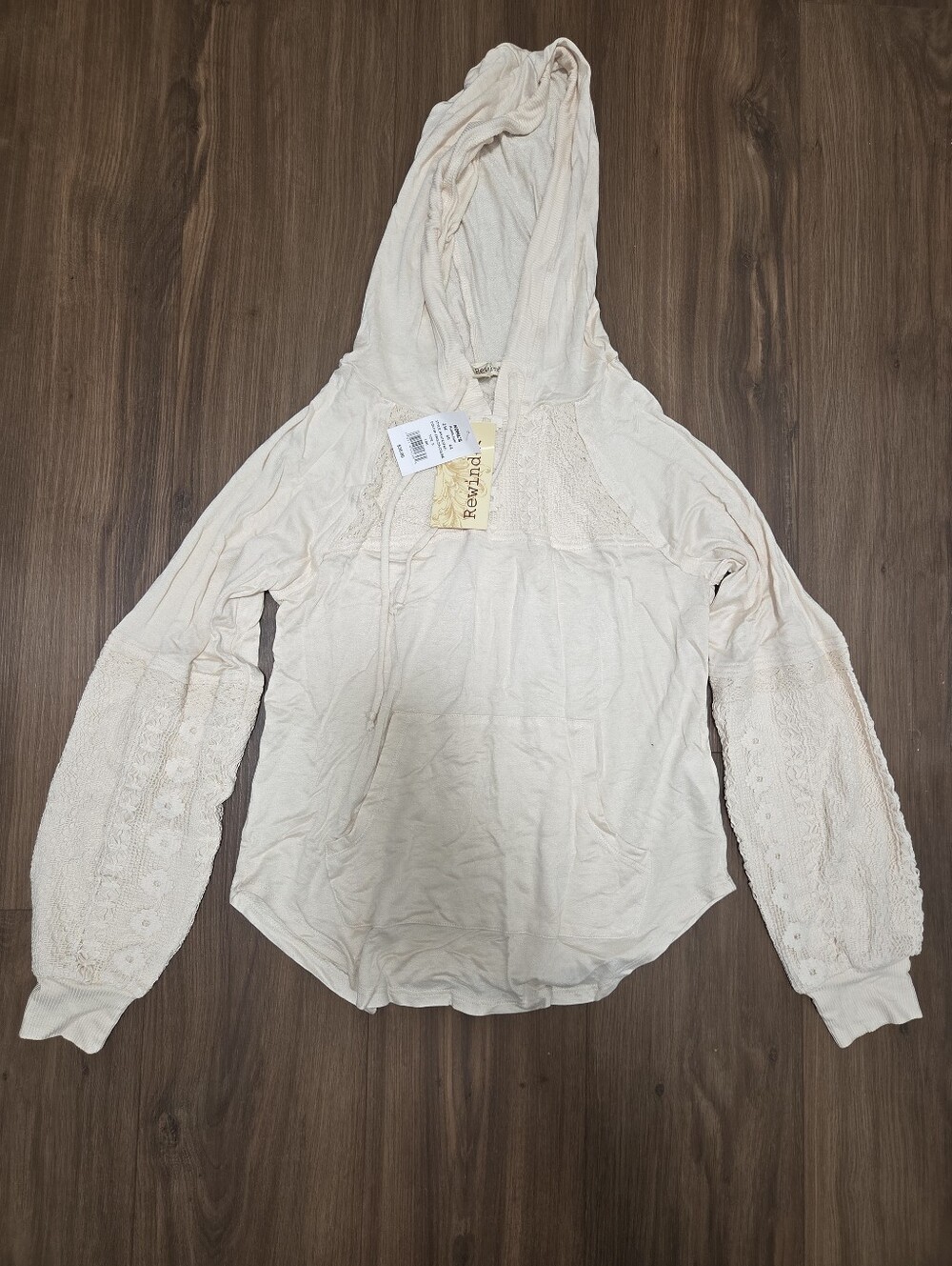 Juniors Rewind English Cream Hooded Lace-trimmed Pullover, Size Small, NWT